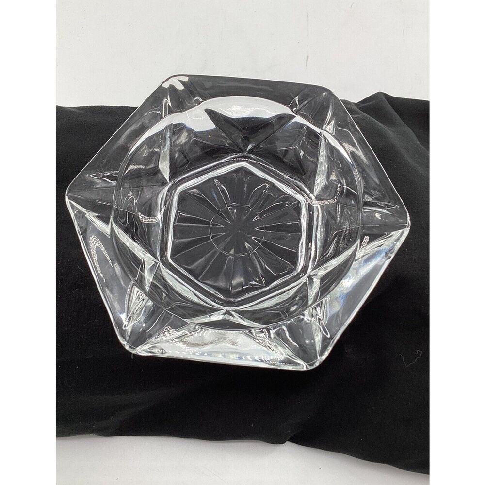 Vintage Clear Pressed Glass Hexagon Ashtray 5.25" Starburst Pattern On Bottom